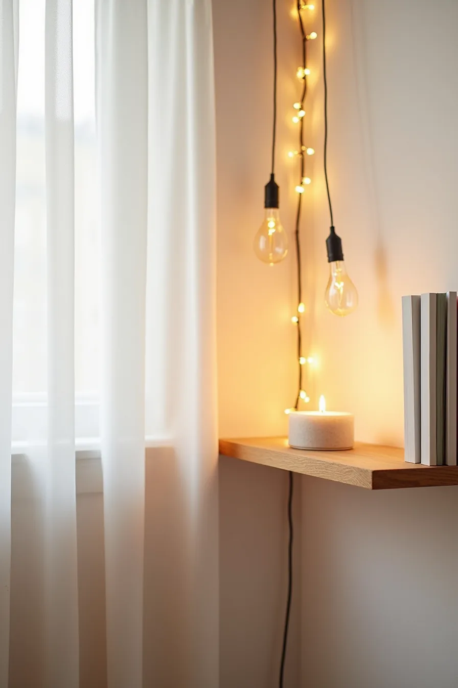 Warm Edison-style string lights on floating shelf with LED candle casting glow on white wall.