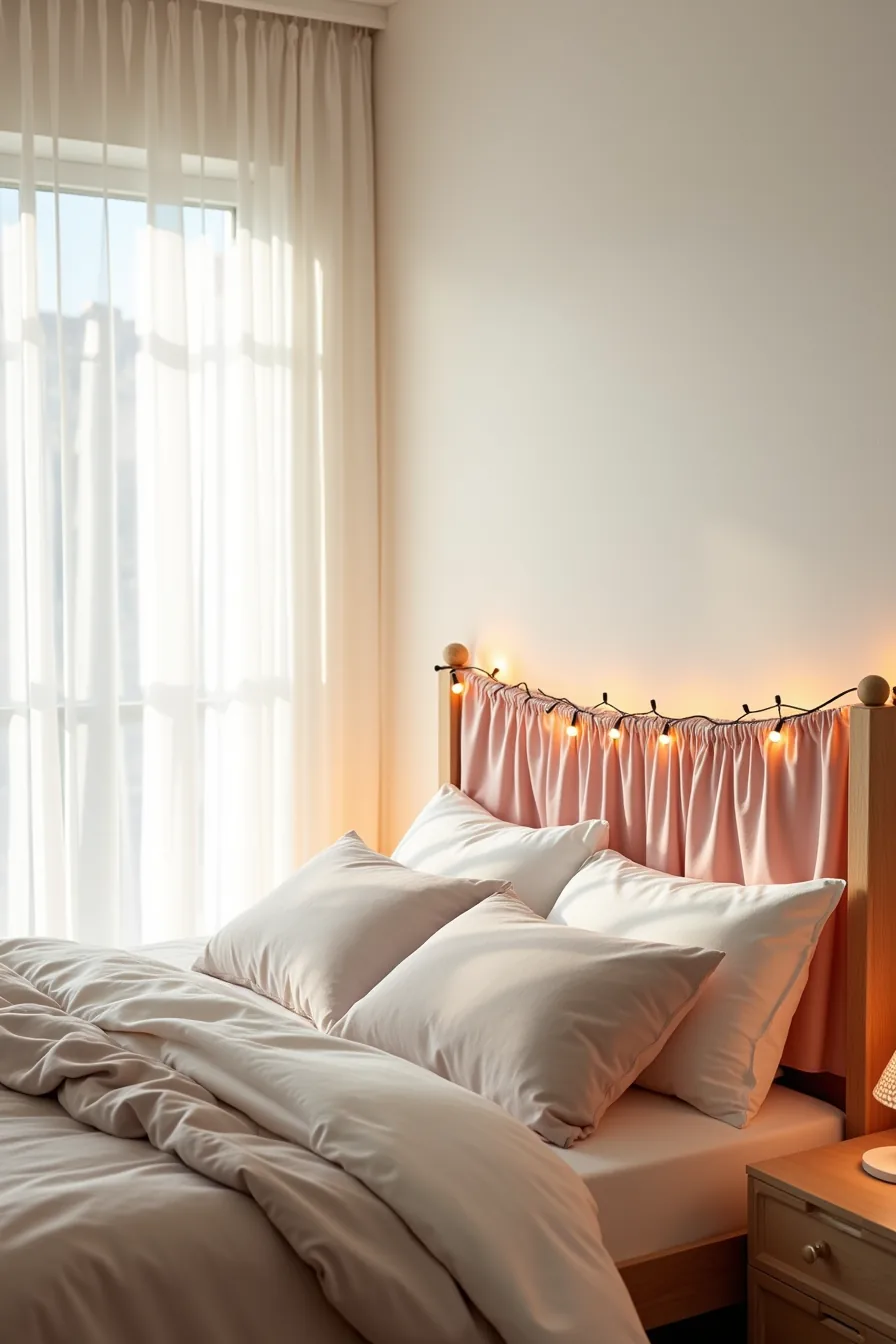 Blush fabric drape with warm string lights across queen bed headboard above neutral bedding.
