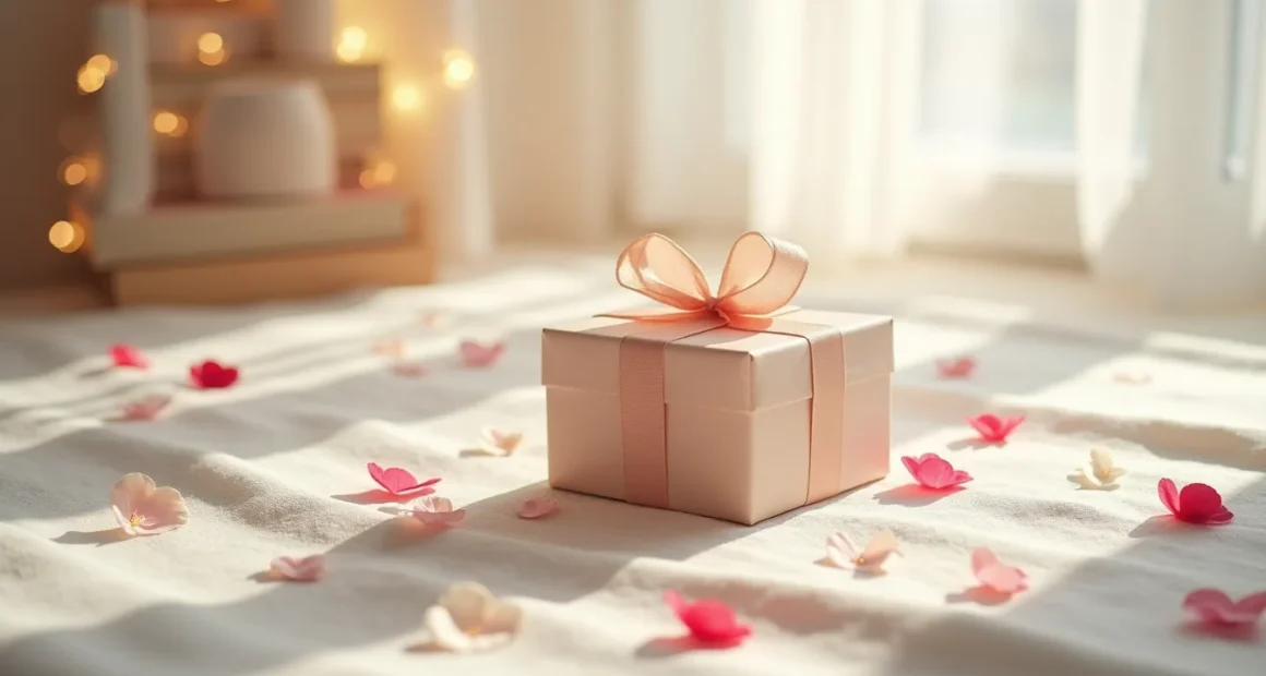 Wrapped gift box with ribbon surrounded by rose petals and heart confetti on linen.