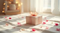 Wrapped gift box with ribbon surrounded by rose petals and heart confetti on linen.