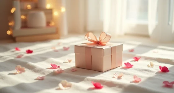 Wrapped gift box with ribbon surrounded by rose petals and heart confetti on linen.