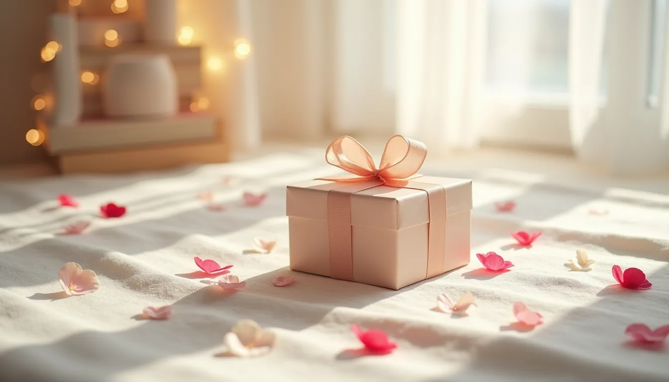 Wrapped gift box with ribbon surrounded by rose petals and heart confetti on linen.