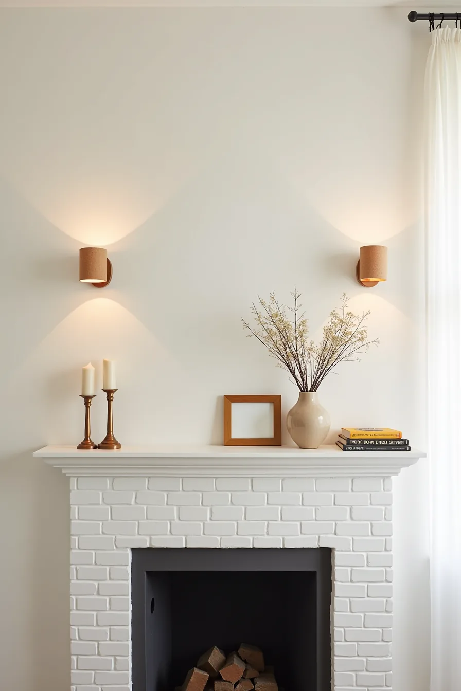 Fireplace mantel with candlestick, ceramic vessel holding branches, and framed object against white tile.