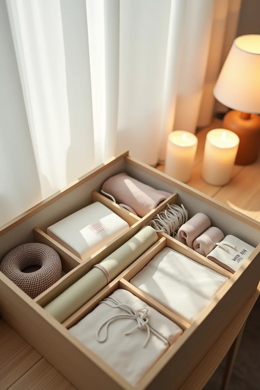 Storage bin with organized compartments containing wrapped garland, candles, folded fabric, and labeled hook pouch.