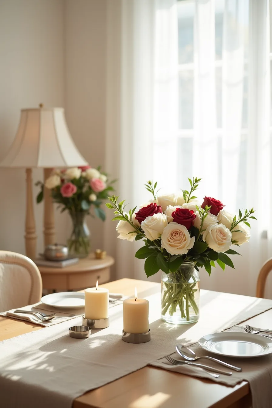 Glass vase with white and red roses flanked by cream candles and metallic votives on dining table.