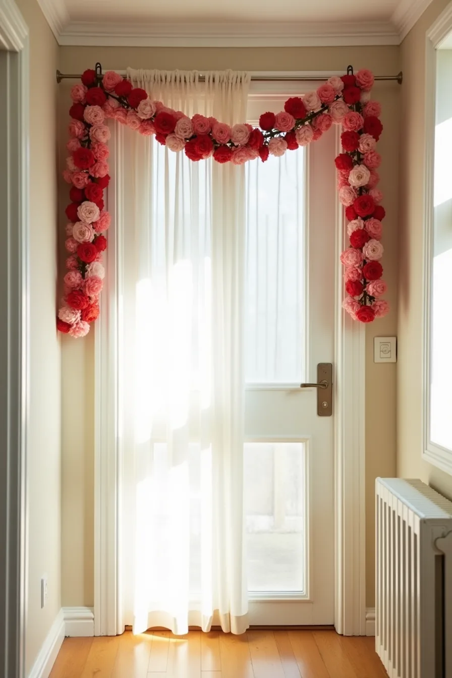 Red and blush silk flower garland draped across a white doorframe with light wood trim.