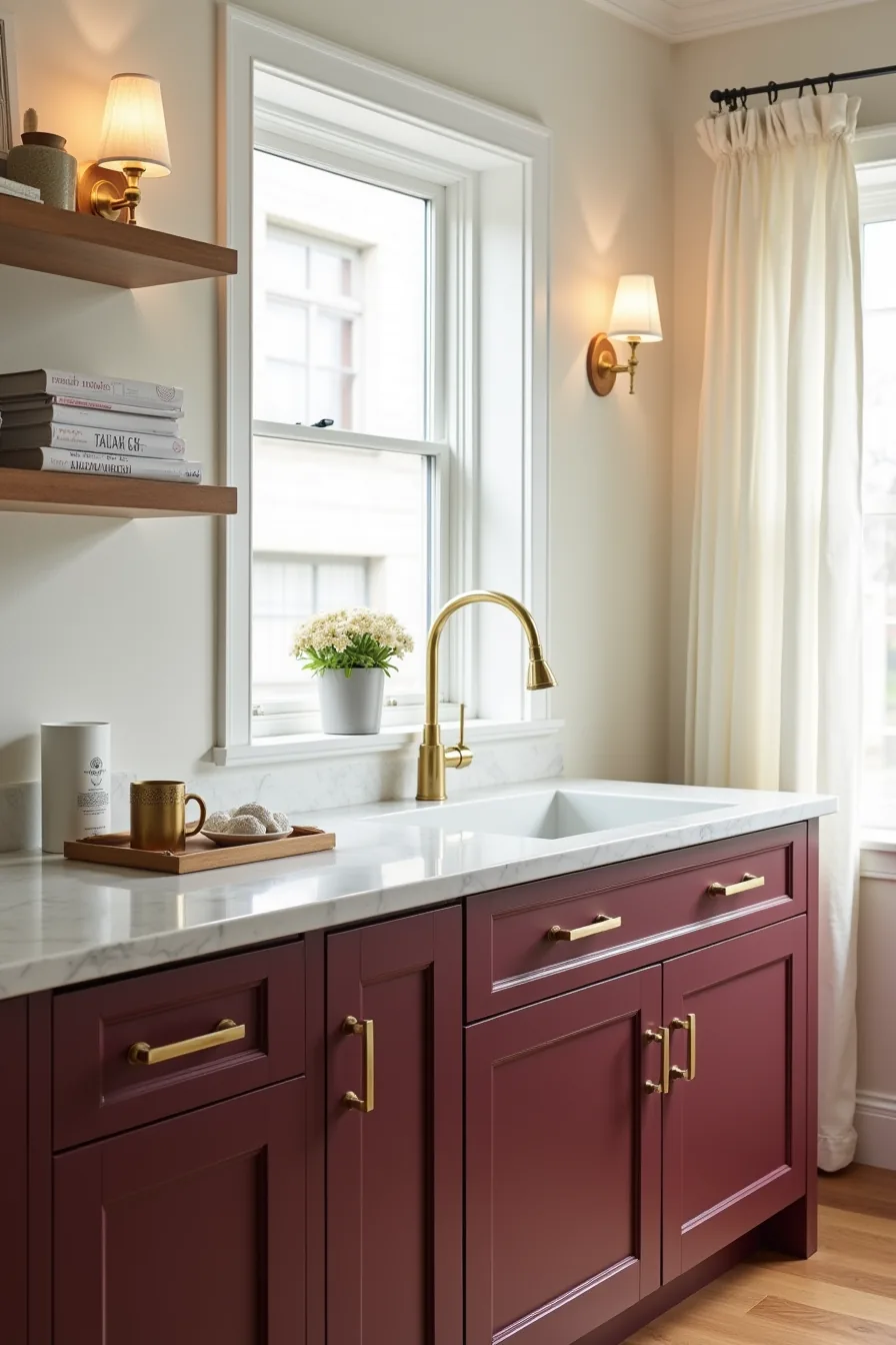 Deep burgundy cabinet doors with brass handles sit above a white marble and burgundy granite countertop with cabinet