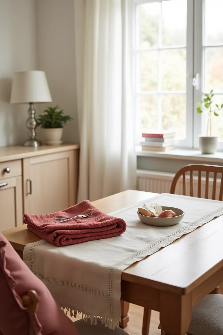 Cream linen runner, red fringed tea towel, and rose-colored cushion arranged on a wooden kitchen table.