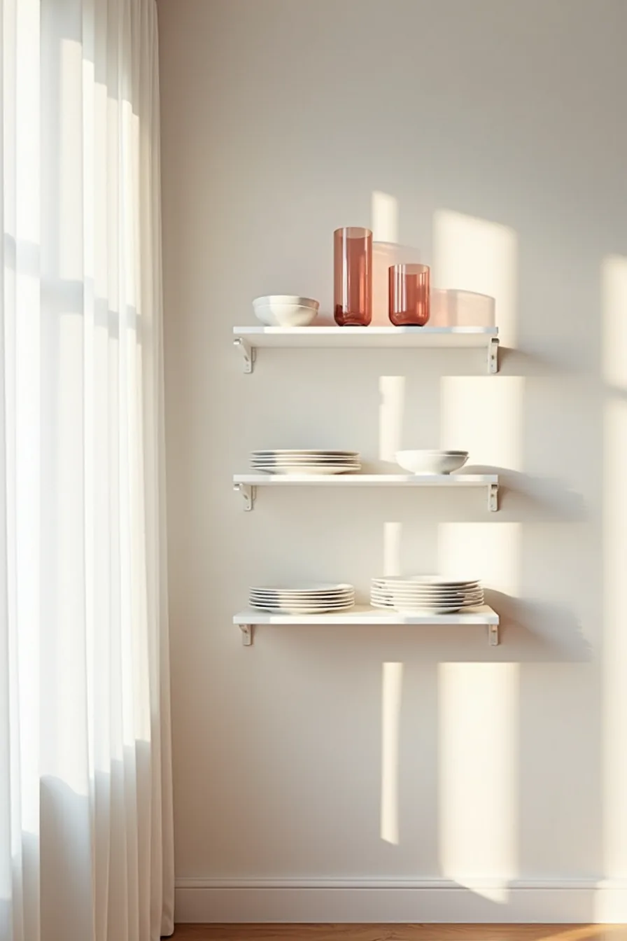 Three floating shelves display stacked white plates, rose-tinted glasses, and ceramic bowls in a coordinated arrangement.