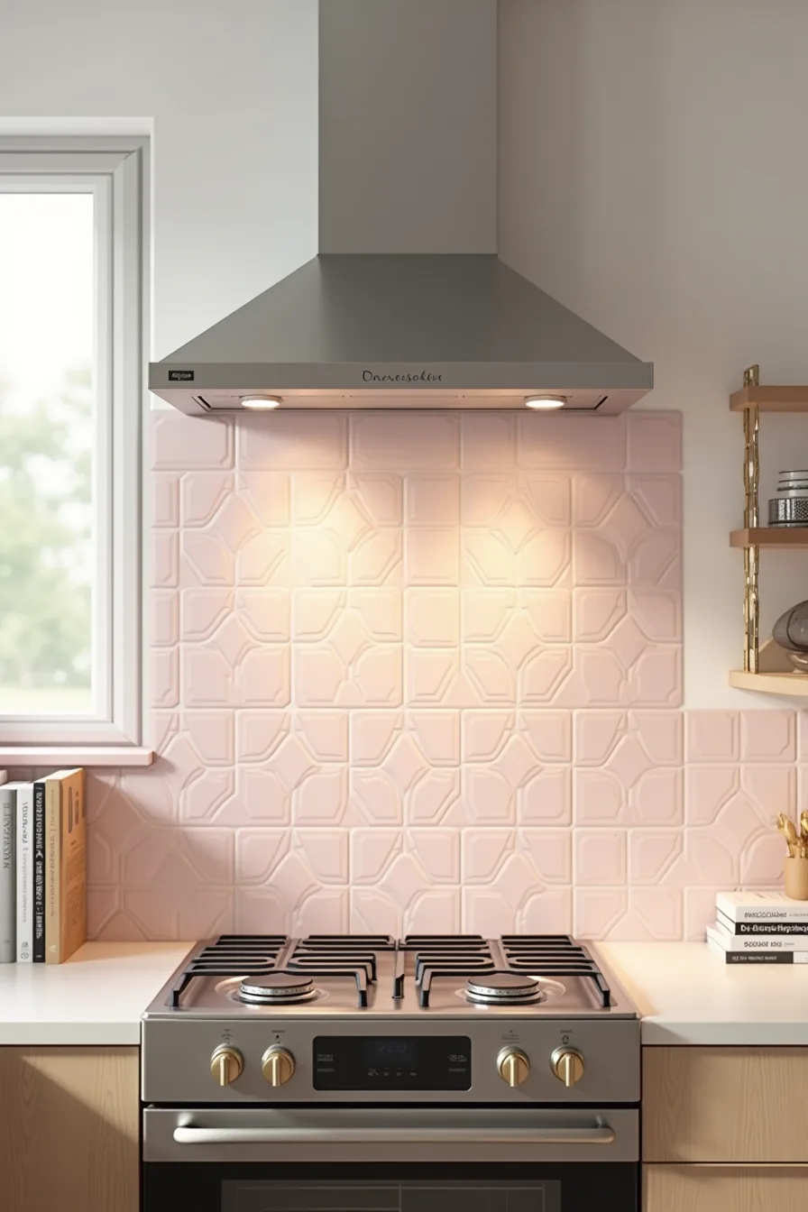 Pink geometric peel-and-stick backsplash tiles with white grout lines installed above a cooktop with stainless steel hood.