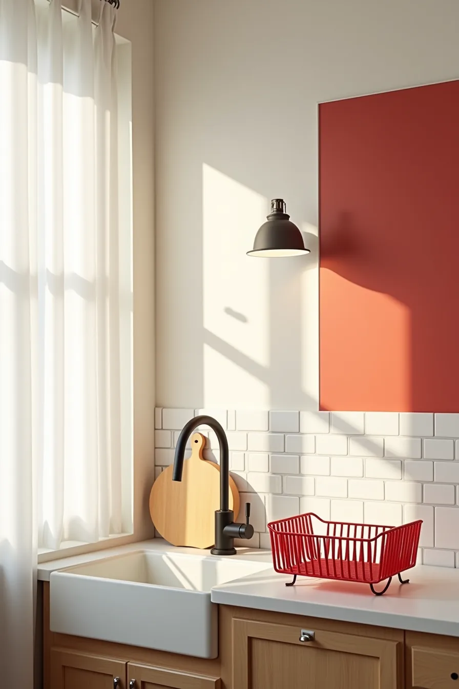 Red accent wall panel between white subway tiles above a sink with a red dish rack on the counter below.