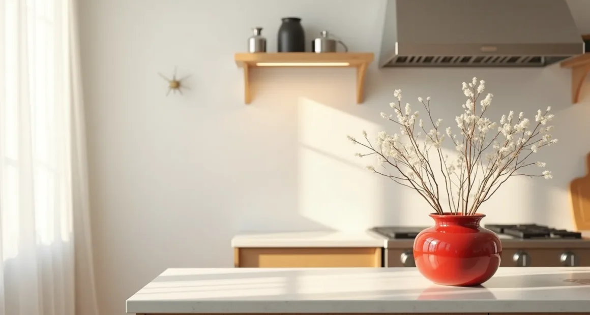 Red ceramic vase with white branches sits on a stone kitchen counter next to stainless steel appliances.