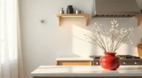 Red ceramic vase with white branches sits on a stone kitchen counter next to stainless steel appliances.