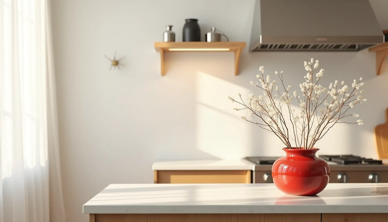 Red ceramic vase with white branches sits on a stone kitchen counter next to stainless steel appliances.