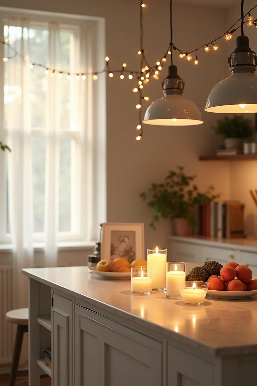 Marble kitchen island decorated with draped string lights, glass-holder candles, and glowing pendant lights at dusk.