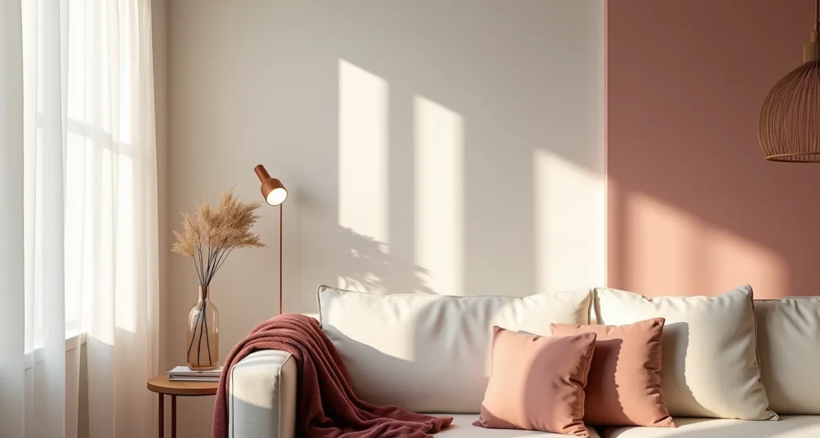 A living room corner with blush walls, cream sofa, rose-gold pillows, burgundy throw, and glass side table with single stem