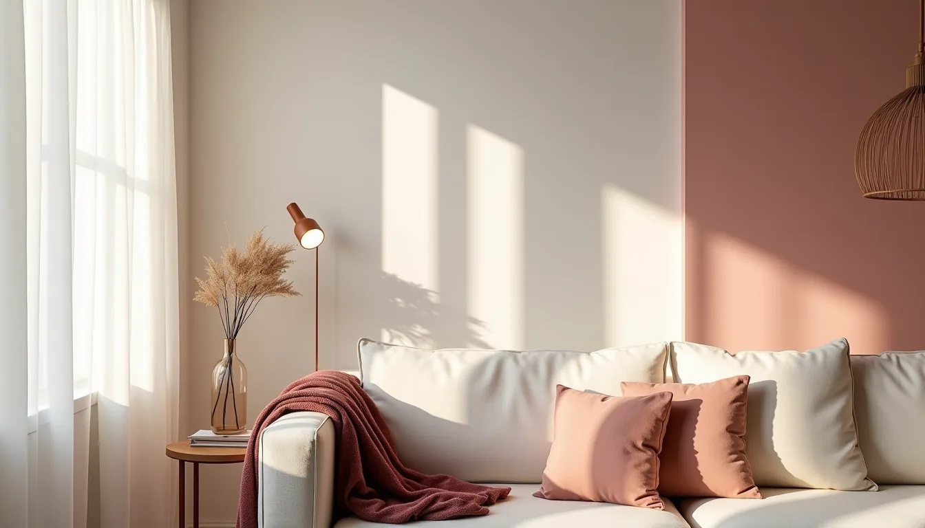 A living room corner with blush walls, cream sofa, rose-gold pillows, burgundy throw, and glass side table with single stem