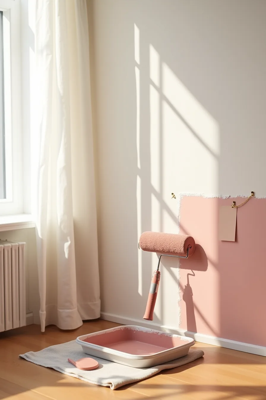 Paint roller applying dusty rose color to drywall, with paint tray, drop cloth, and color swatch card visible nearby.