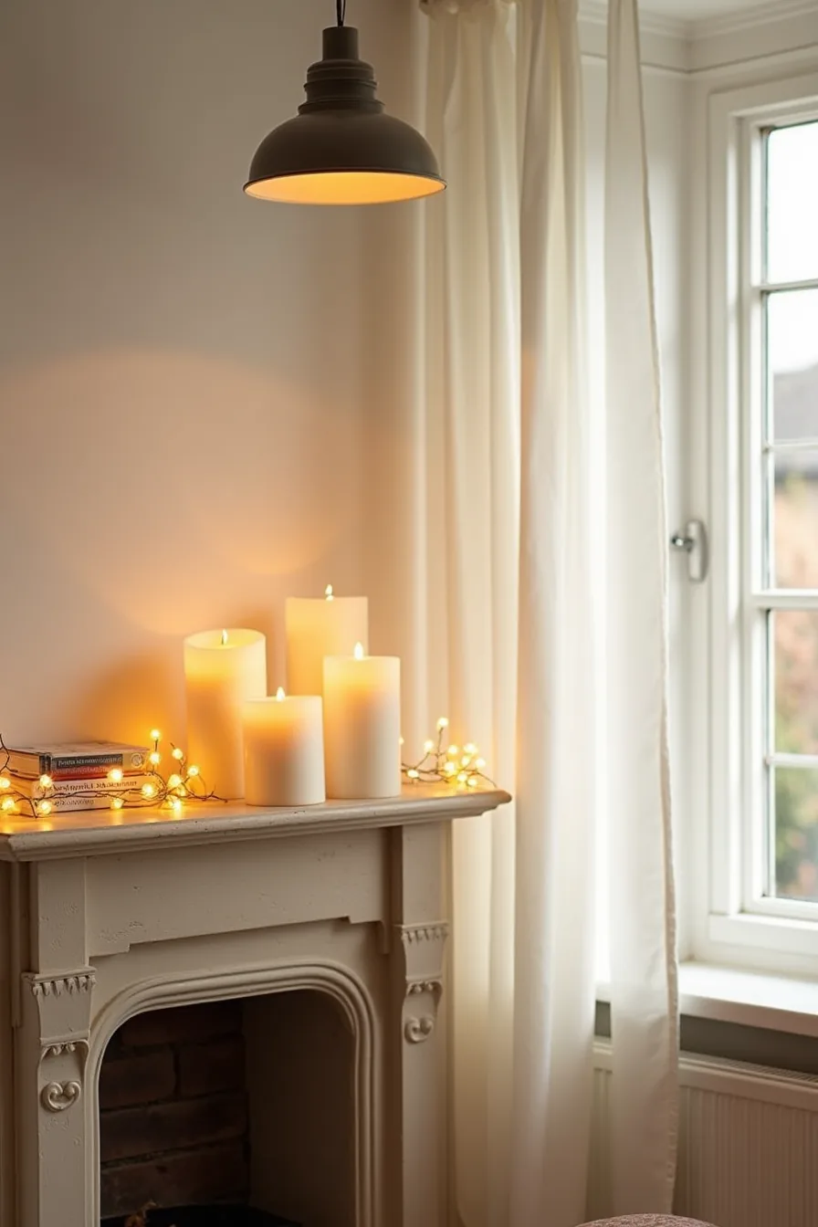 Fireplace mantel decorated with three pillar candles of different heights, warm fairy lights, and modern pendant fixture