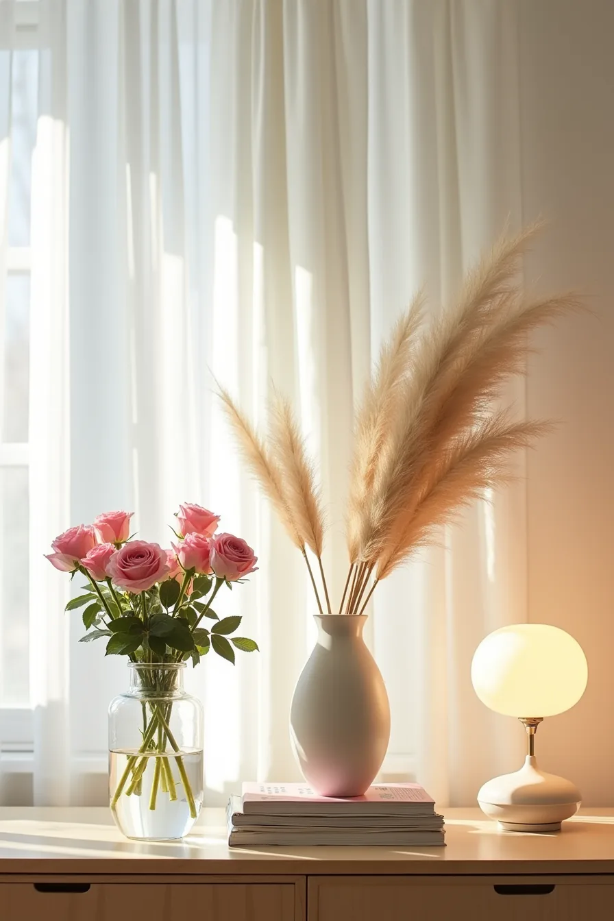 Console table displaying fresh roses in a glass vase on one side and dried pampas in a ceramic vase on the other.