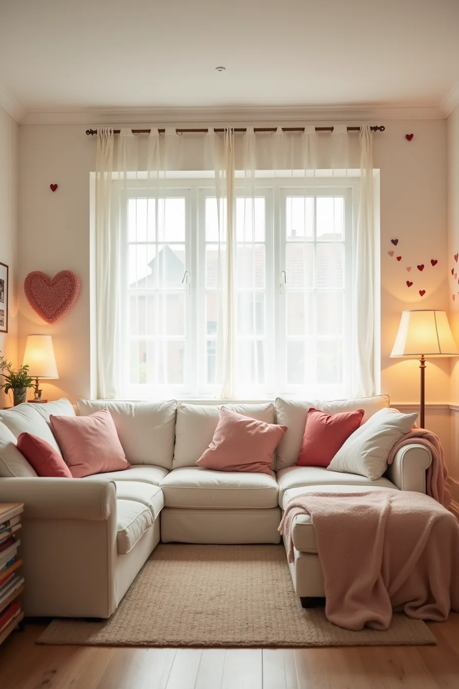Small living room cluttered with oversized heart-decorated pillows, wall stickers, and excessive decor blocking pathways and