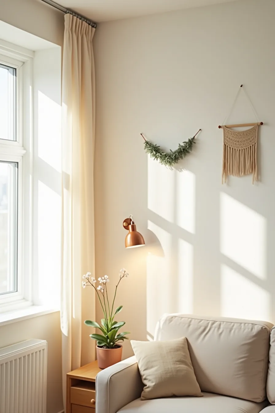 Close-up of white wall with removable adhesive strips, command hook, lightweight metal hanging, and garland without paint