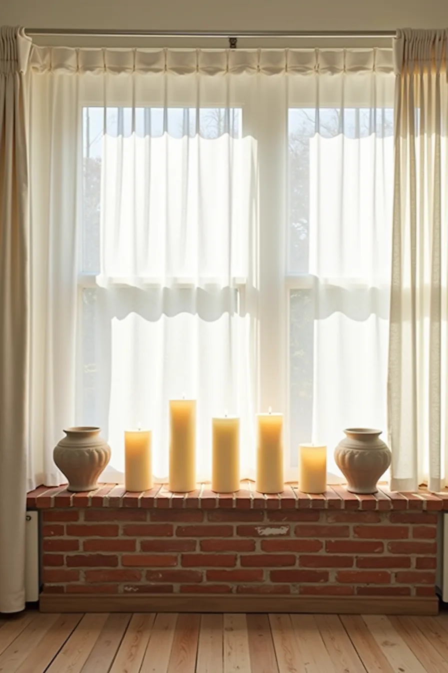 Brick mantle with seven pillar candles in graduating heights and matching ceramic vessels on each side.