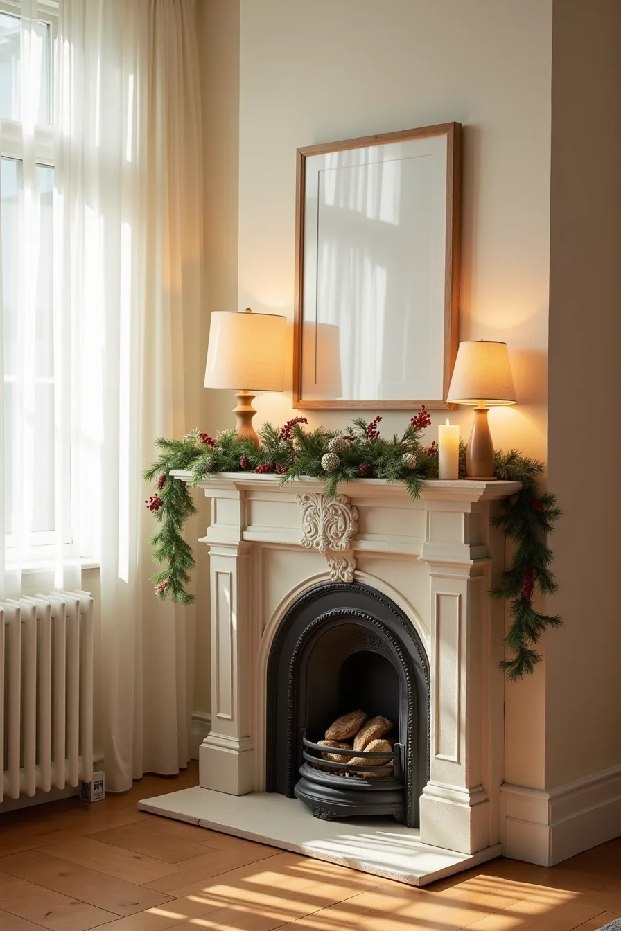Overcrowded mantle with blocked heat vent, candles near fabric, mismatched items, and draped garland creating safety