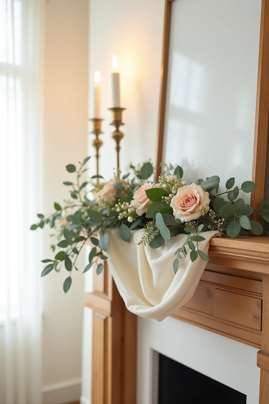 Wooden mantle with cream linen swag, eucalyptus stems, blush roses, velvet bows, and pearl garland draped across it.