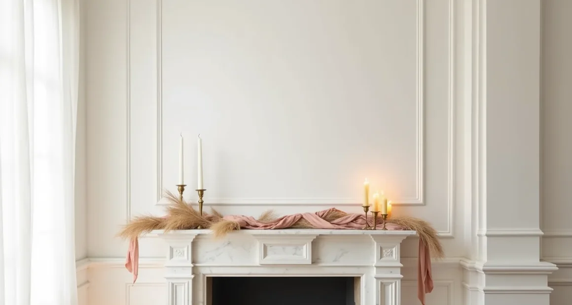 White marble mantle decorated with draped blush silk garland, dried pampas grass, and brass candleholders.