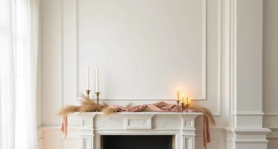White marble mantle decorated with draped blush silk garland, dried pampas grass, and brass candleholders.