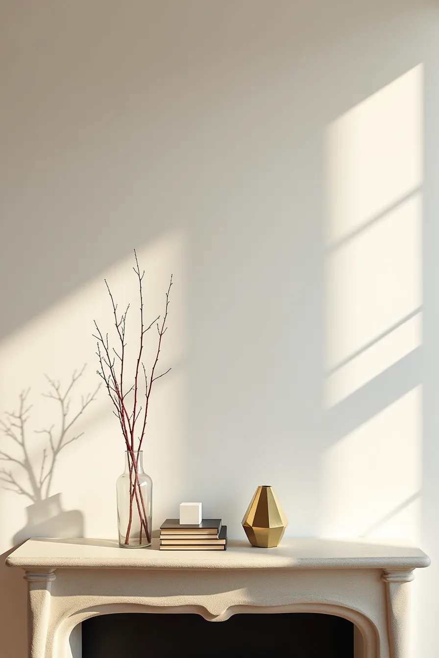 Stone mantle with a glass vase containing red branches, white ceramic cube, and brass sculpture with ample empty space.