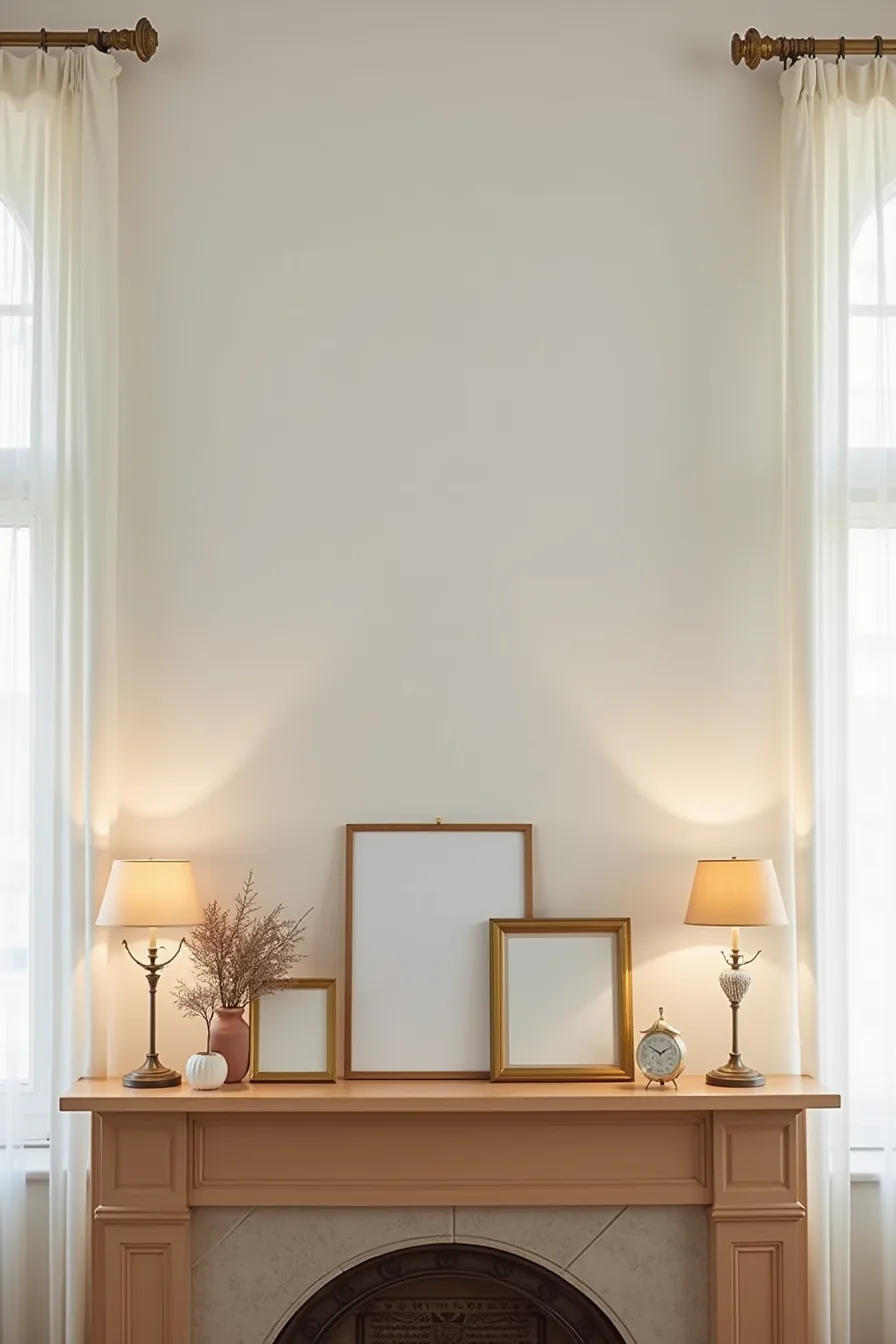 Wood mantle with five framed prints in gold, silver, and natural wood finishes hung at different heights.