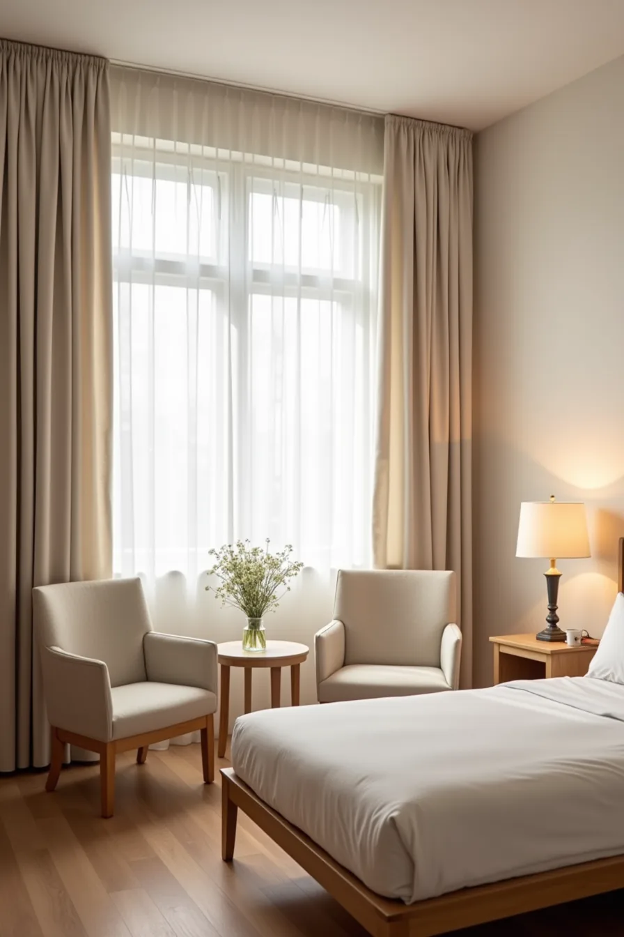 Overhead view of a bedroom with angled bed, facing accent chairs, small table, and fabric drape hung on hooks.