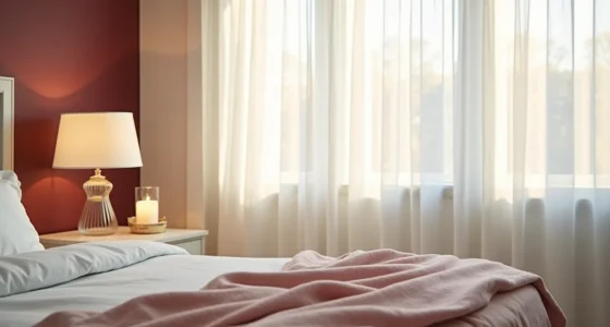 A burgundy accent wall corner with cream trim, white nightstand, blush throw, and lit white candle.