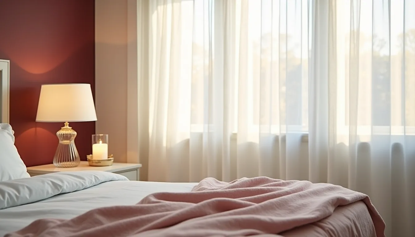 A burgundy accent wall corner with cream trim, white nightstand, blush throw, and lit white candle.