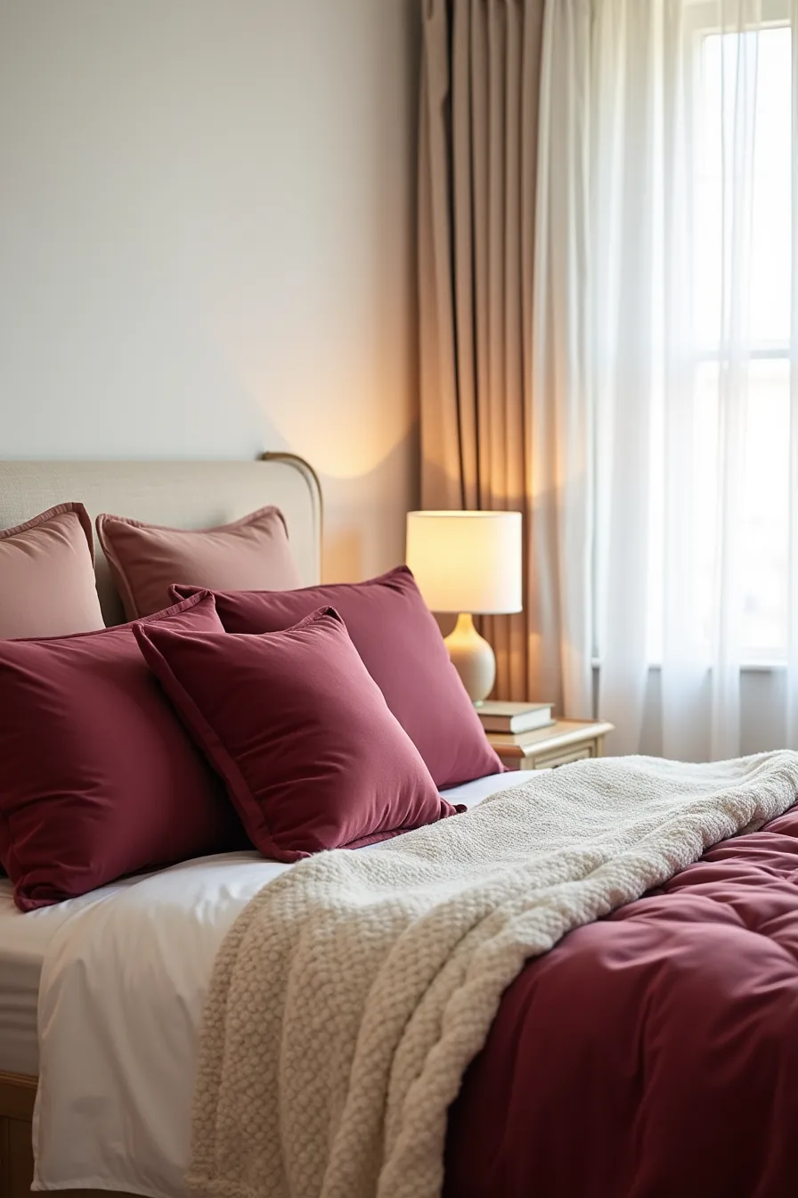 A bed with burgundy duvet, cream throw, and three velvet cushions in blush, wine, and champagne tones.