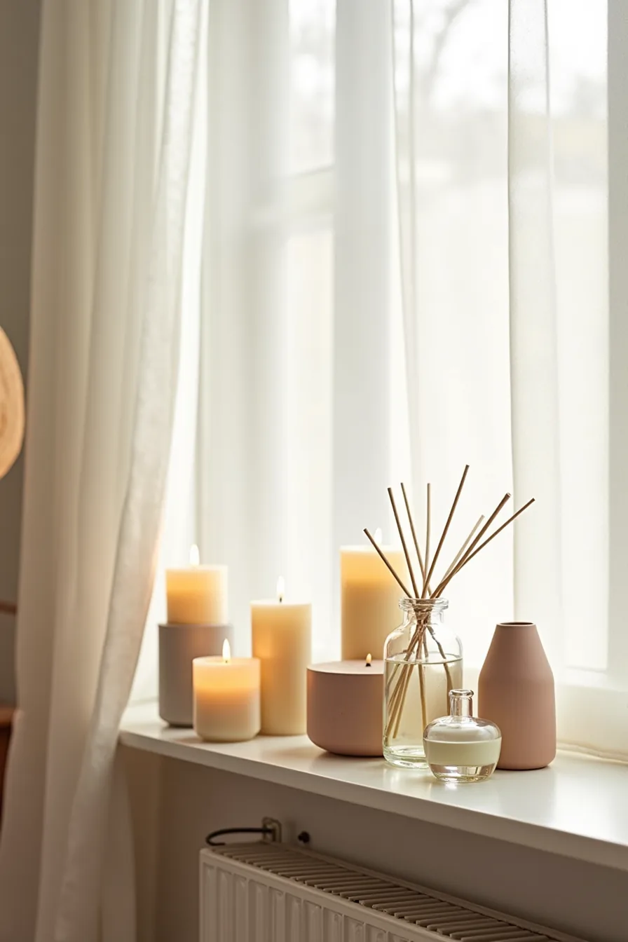 A shelf displaying five candles in various vessels, a reed diffuser, and a wax melter arranged with spacing.
