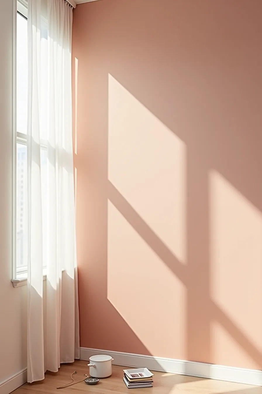 A wall being painted dusty rose with a paint roller and tray, showing primed and painted sections.