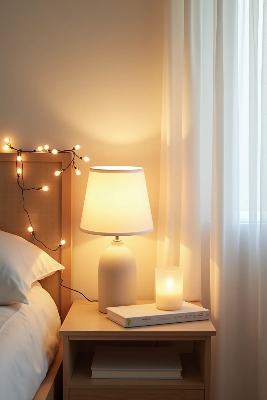 Three lit light sources on a nightstand: table lamp, string lights, and frosted glass pillar candle.