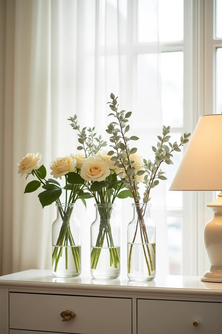 Three glass vases with fresh roses, dried eucalyptus, and faux ranunculus displayed on a console table.