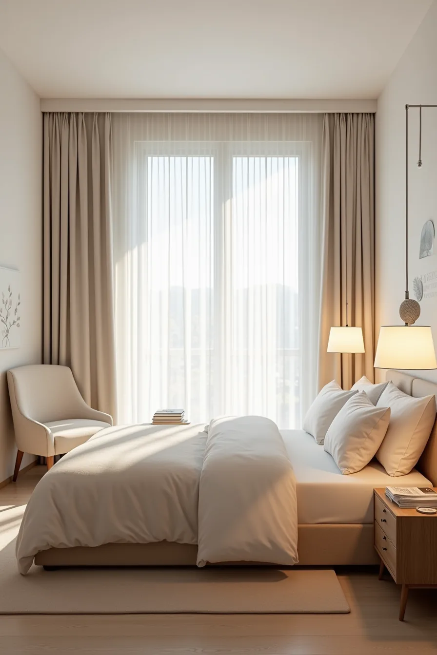 Overhead view of a bedroom with centrally positioned bed, flanking nightstands, corner accent chair, foot bench, and clear