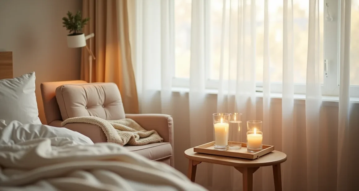 Three unlit candles in glass holders on a bedside table with a folded throw blanket and potted plant nearby.