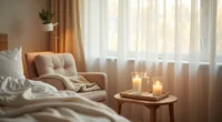 Three unlit candles in glass holders on a bedside table with a folded throw blanket and potted plant nearby.