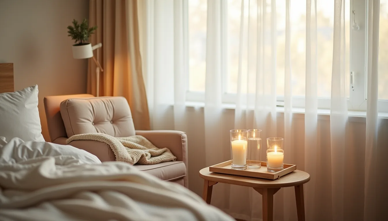 Three unlit candles in glass holders on a bedside table with a folded throw blanket and potted plant nearby.