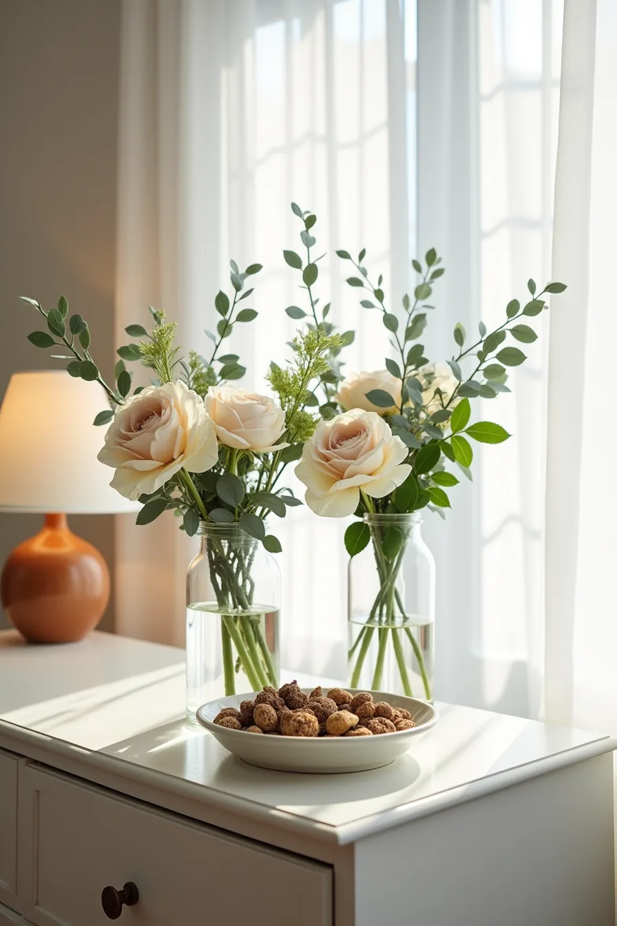 Two glass vases hold fresh roses with eucalyptus and faux peonies with greenery, flanking a ceramic dish of dried botanicals.