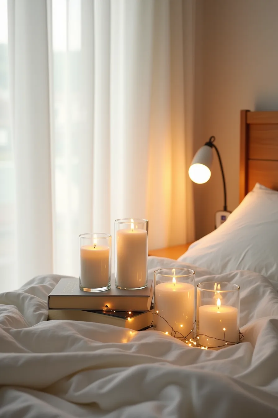 Five lit candles in glass vessels, a coiled LED string light, and a dimmable table lamp create layered lighting on a bedside