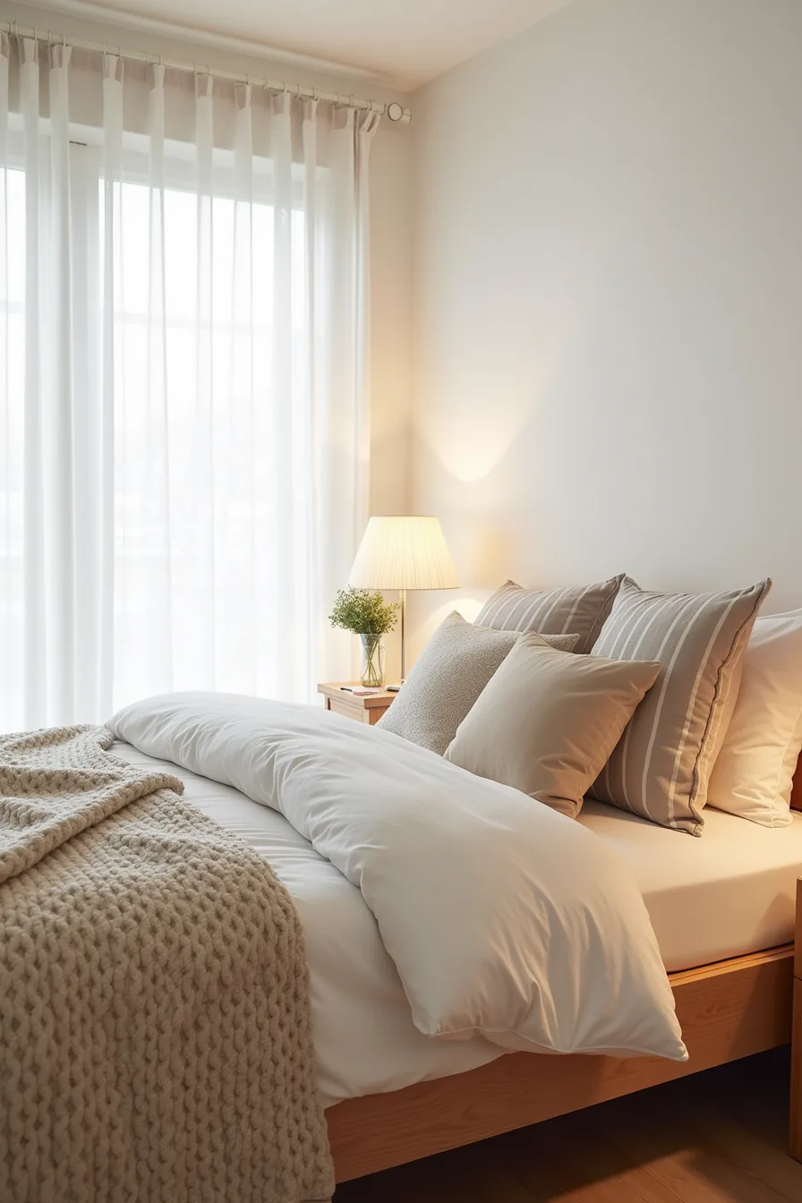 A bed layered with quilted coverlet and three textured pillows—linen, velvet, and patterned—topped with a chunky knit throw