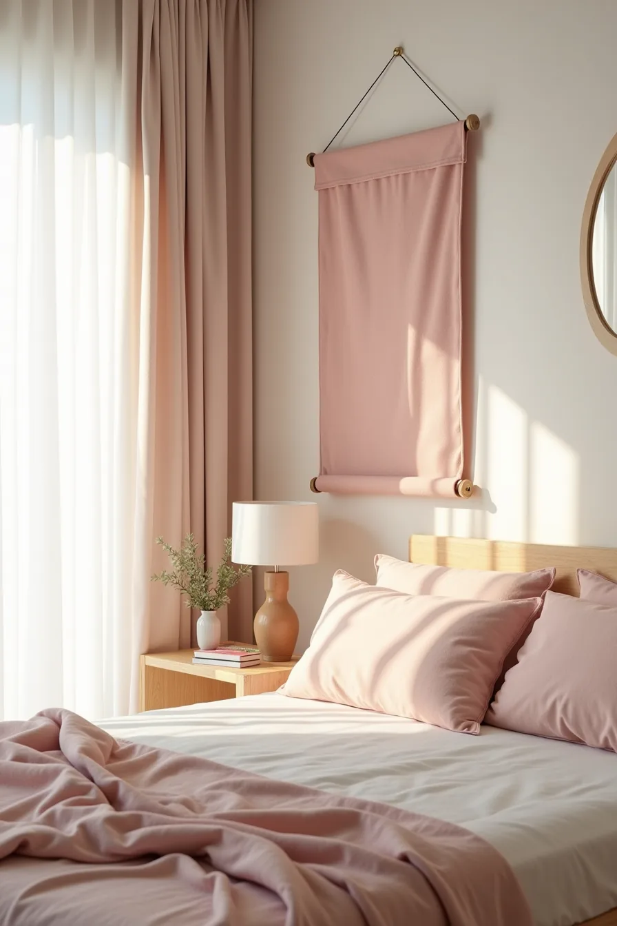 A deep rose fabric wall hanging with command strips sits above a complementary peel-and-stick wallpaper panel and small