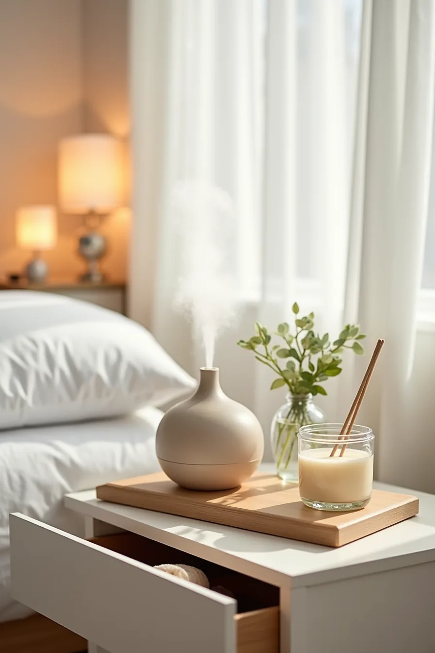A ceramic diffuser with visible mist, scented candle in glass jar, cloth sachet in a drawer, and wooden box create a scent